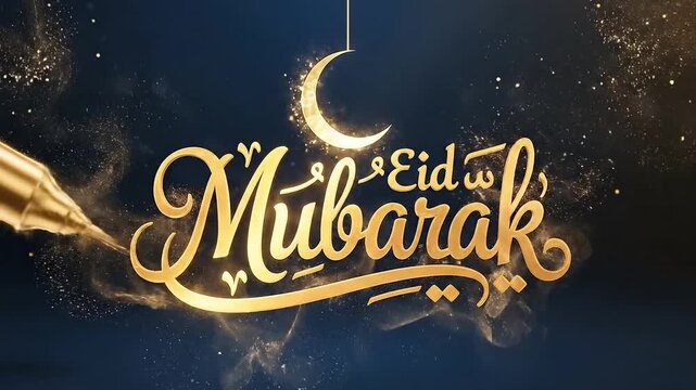 Golden pen writes eid mubarak calligraphy message on dark blue background with sparkling gold dust crescent moon and confetti festive religious greeting animation