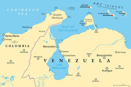 Gulf of Venezuela and Lake Maracaibo, political map. Gulf in the Caribbean Sea and South America, connected to one of the oldest Lakes on Earth, and the main oil producing area of Venezuela. Vector