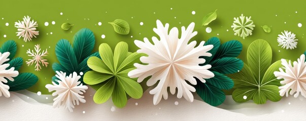 White snowflakes on a green background with flowing ribbon waves and festive decor design