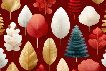 Stylish Christmas pattern with white and gold trees on a burgundy background for holiday décor and design