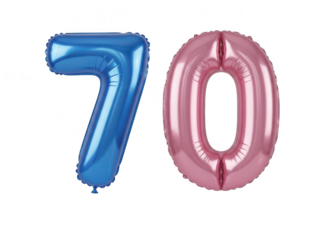 Celebratory balloons marking a 70th birthday isolated on transparent background