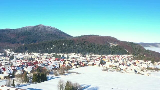 Panoramic view of town of Delnice in Gorski kotar in Croatia in winter