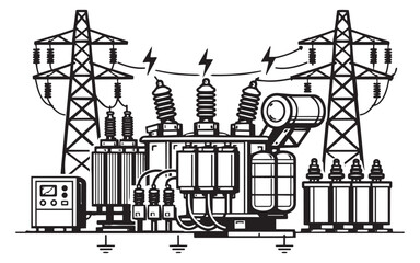 Line art illustration of an electrical substation depicting power transmission for energy infrastructure