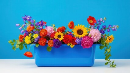 Bright blue container filled with diverse colorful summer flowers