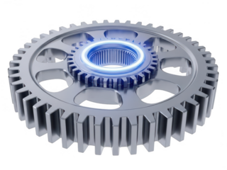 A precision-engineered metallic gear with a central spline for mechanical systems isolated on transparent background