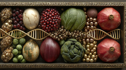 Conceptual Box Containing Fresh Vegetables and Golden DNA Helix Representing Bioengineering.