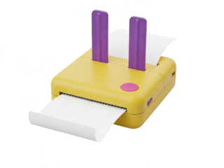 A compact, whimsical portable printer with a rabbit-like design, featuring purple ears and a pink button. isolated on transparent background