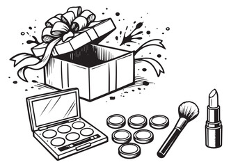 Hand drawn line art beauty set featuring an open gift box, an eyeshadow palette, a makeup brush, and lipstick for gifting and cosmetics