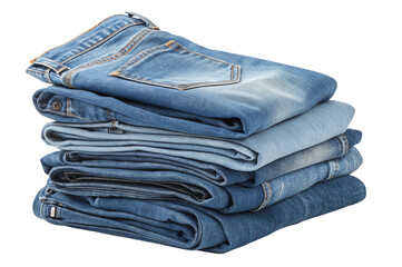 Stack of folded blue jeans in various shades
