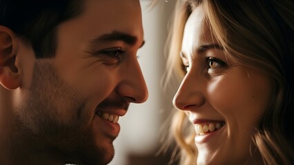Fototapeta premium A happy couple smiling and looking at each other with affection in a warm, intimate moment, showing genuine connection.