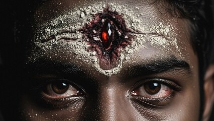 Mystical third eye adorns a person's forehead, featuring a crimson jewel, ritualistic powder, and intense gaze against a dark background.