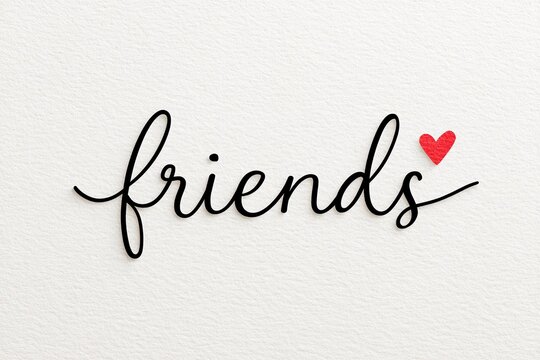 Minimalist typography illustration featuring the word friends with a heart symbol, showcasing a clean design on textured background, perfect for friendship themes and social connections