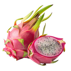 Vibrant pink dragon fruit with green scales on a transparent background
