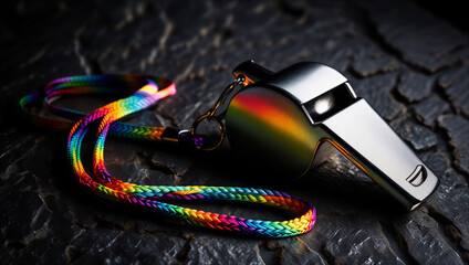 Metal whistle with colorful cord isolated on black stone background