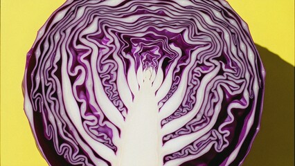 Obraz premium Close-up of a vibrant red cabbage cross-section revealing its intricate purple and white patterns against a contrasting yellow background, perfect for healthy food and cooking themes.