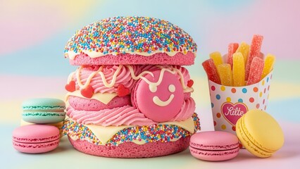 Huge exaggerated pink macaron dessert burger covered in vibrant sprinkles surrounded by colorful candy and sweet french fries