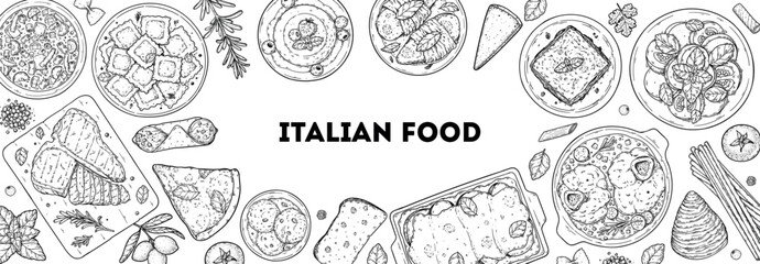 Italian cuisine top view frame. Italian food. Vector drawing illustration. Set of sketches of Italian dishes. Food menu design template. Not AI generated.