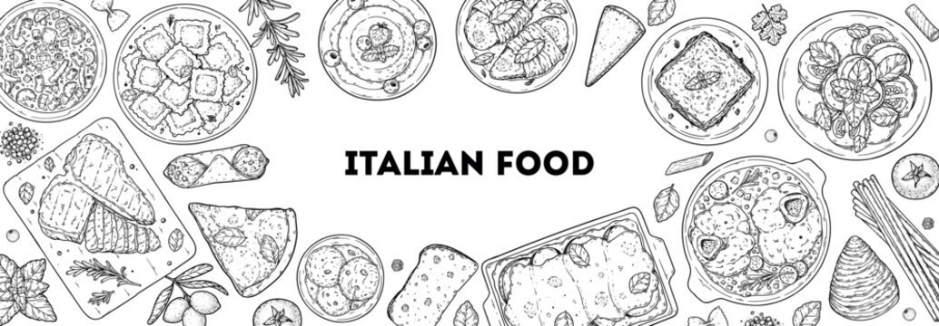 Italian cuisine top view frame. Italian food. Vector drawing illustration. Set of sketches of Italian dishes. Food menu design template. Not AI generated.