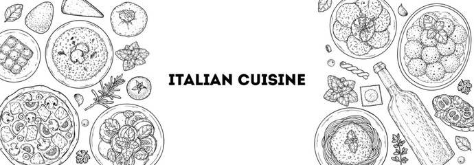 Italian cuisine top view frame. Italian food. Vector drawing illustration. Set of sketches of Italian dishes. Food menu design template. Not AI generated.