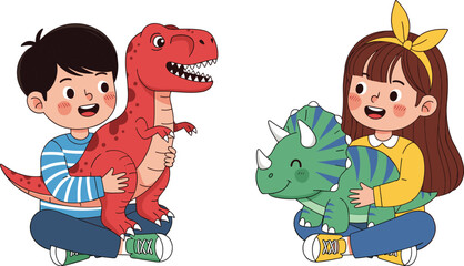 Cute boy and girl hugging dinosaur toys, happy children playing with T Rex and triceratops cartoon illustration for education © Asha Creatives