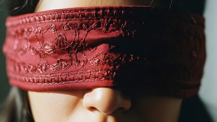 Close-up of a person wearing an embroidered red blindfold, evoking themes of mystery, sensory deprivation, or restricted vision.