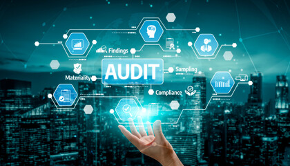 A hand reaches out to digital audit icons amid a vibrant urban skyline, symbolizing innovation and compliance in modern business analysis and assessment processes. Tessel