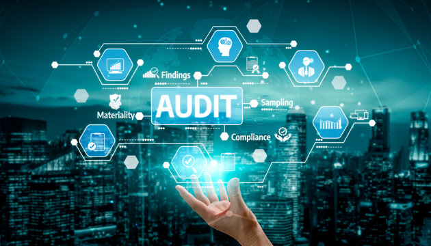 A hand reaches out to digital audit icons amid a vibrant urban skyline, symbolizing innovation and compliance in modern business analysis and assessment processes. Tessel - Powered by Adobe