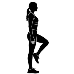 A slim fashion model and girl in a black silhouette pose, showing a beautiful standing body figure with long hair and legs in a dancing vector illustration