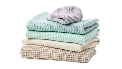 Stack of neatly folded colorful towels on a transparent background