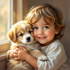 Boy Child with Puppy