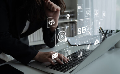 SEO concept for improving SEO visibility, with SEO related digital tools and SEO performance icons shown in an focused layout for strategic marketing. Spline