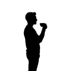 Black profile vector illustration of a person and one woman silhouette holding a glass and drinking water or alcohol