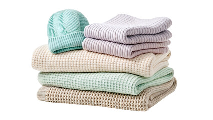 Cozy stack of folded blankets and hat in soft pastel colors for home decor