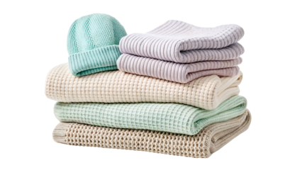 Cozy stack of folded blankets and hat in soft pastel colors for home decor