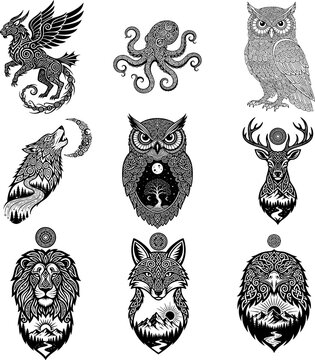 Ornamental Animals and Mythical Creatures Vector Set with Nature Landscapes