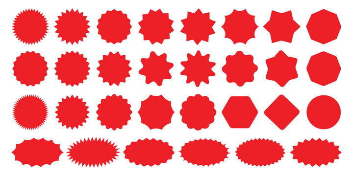 Red starburst sale price seals, callout stickers and splash labels, vector star rosette badges. Promotion sale and shop offer labels, sunburst stamps and tag silhouettes for price discount and promo