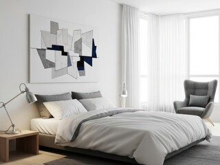 Modern bedroom interior with abstract art isolated on white background