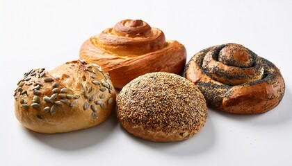 Selection Of Assorted Fresh Baked Rolls With Seeds On White Surface