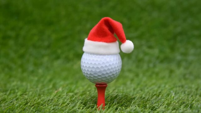 Golf Ball with Santa Hat on Red Tee in Green Grass - Christmas Holiday Golf Theme