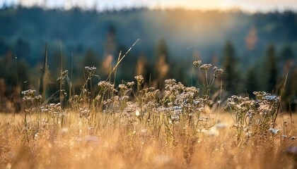 Wild White Flowers Bloom In A Dry Golden Grass Field With A Blurred Green And Blue Forest Background Under Natural Daylight