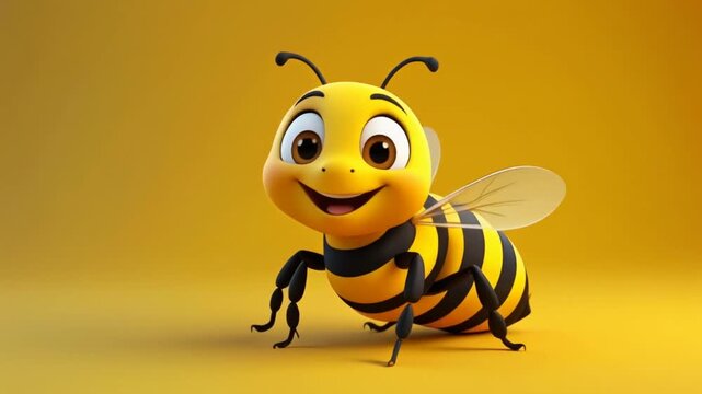 Cute Cartoon Bee Character Standing and Smiling on a Solid Yellow Background