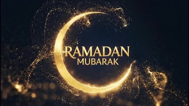 Ramadan Mubarak wishes with a glowing crescent moon and sparkling particles, celebrating the holy month of fasting and reflection