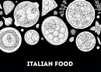 Italian cuisine top view frame. Italian food. Vector drawing illustration. Set of sketches of Italian dishes. Food menu design template. Not AI generated.