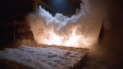 Medium shot of biodegradable fire retardant foam being spread over fabric emphasizing natural breakdown and environmental responsibility in fire prevention