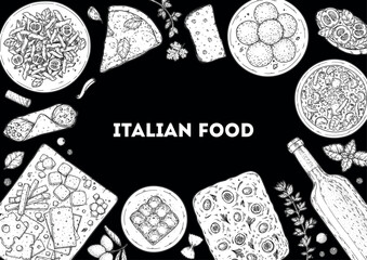 Italian cuisine top view frame. Italian food. Vector drawing illustration. Set of sketches of Italian dishes. Food menu design template. Not AI generated.
