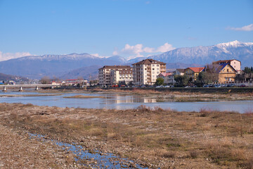 Mzymta river in the Adler district of Sochi in winter. Krasnodar Krai. Russia