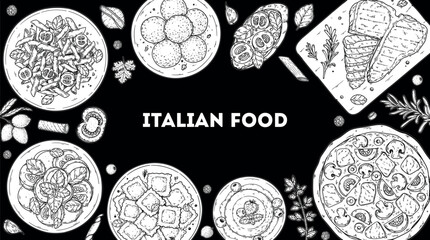 Italian cuisine top view frame. Italian food. Vector drawing illustration. Set of sketches of Italian dishes. Food menu design template. Not AI generated.