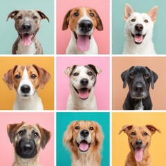 Colorful grid collage featuring various dog breeds with joyful expressions against vibrant backgrounds, showcasing their unique personalities and charm in a playful arrangement