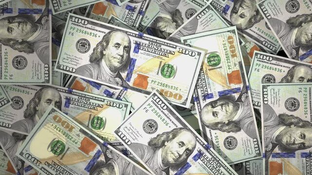 Top View 3D Animation of Scattered US Dollar Banknotes on Floor, Rotating and Zooming Camera, Realistic Paper Money Cash Motion, Financial Economy Concept, 4K UHD Stock Video