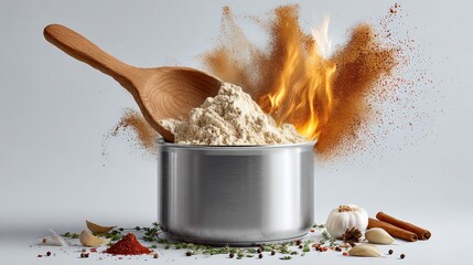 Wooden spoon twirling in a shiny silver pot, dramatic explosion of flour and vibrant spices, fiery flames licking the base, creating a dynamic culinary scene with copy space for text